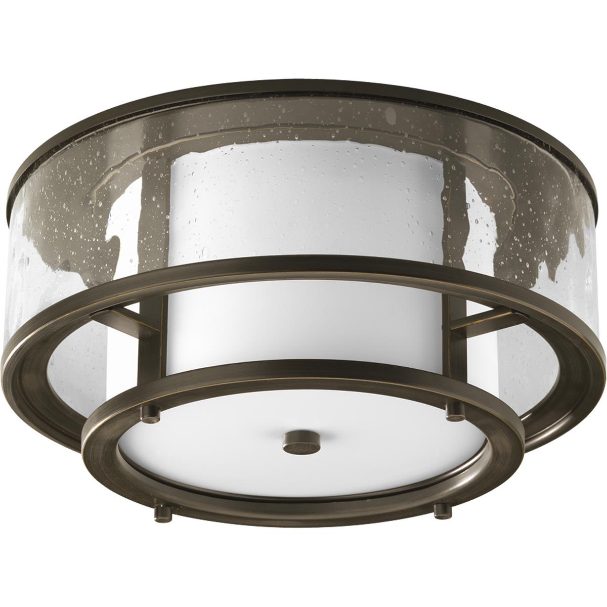 Hubbell P3942-20 Discover the antique nautical antique charm of this Bay Court Collection Two-Light 15” Flush Mount. An etched glass diffuser is surrounded by a water glass gallery for a clean, beautiful, design. This contemporary interpretation of a classic light fixture