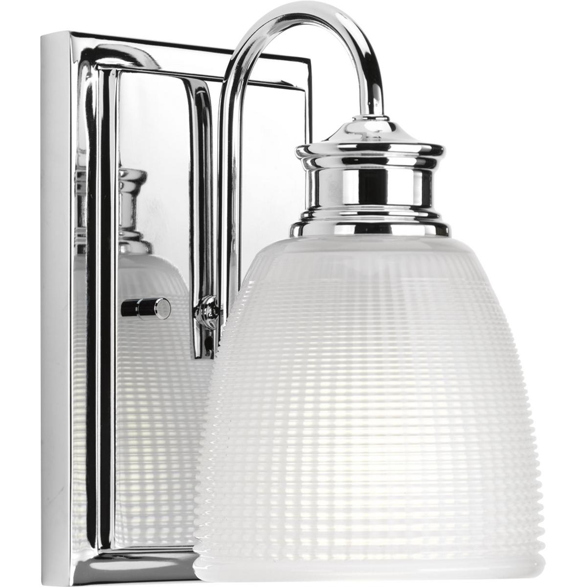 Hubbell P2115-15 One-light bath from the Lucky Collection, with a distinctive design that evokes a vintage flair with finely crafted details. Light is beautifully illuminated through double prismatic frosted glass shades. Polished Chrome finish.  ; Ideal for a bathroom, h