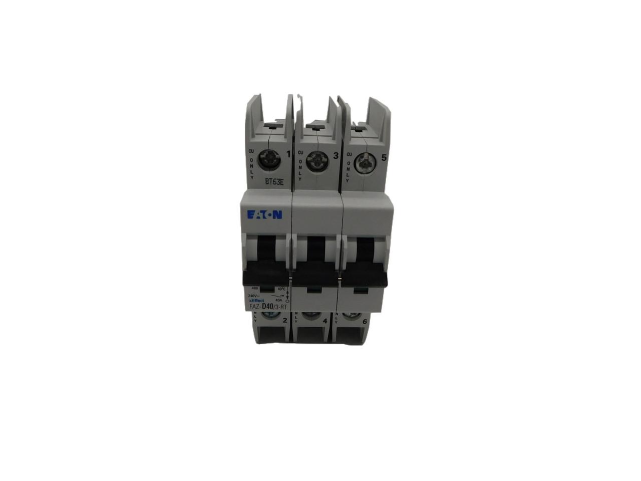 Eaton FAZ-D40/3-RT 277/480 VAC 50/60 Hz, 40 A, 3-Pole, 10/14 kA, 10 to 20 x Rated Current, Ring Tongue Terminal, DIN Rail Mount, Standard Packaging, D-Curve, Current Limiting, Thermal Magnetic