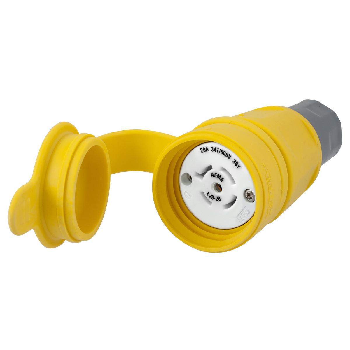 Hubbell HBL27W83 Watertight Devices, Twist-Lock® Connector, 20A, 3 Phase WYE 347/600V AC, 4 Pole, 5 Wire, Thermoplastic elastomer, NEMA L23-20R, Yellow  ; Smooth body design minimizes collection points simplifying the wash down process ; Strain relief nut always seals on 