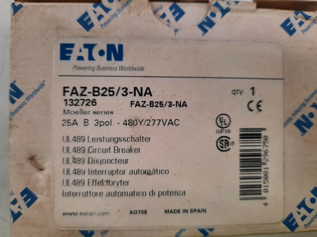 Eaton FAZ-B25/3-NA 277/480 VAC 50/60 Hz, 25 A, 3-Pole, 10/14 kA, 3 to 5 x Rated Current, Screw Terminal, DIN Rail Mount, Standard Packaging, B-Curve, Current Limiting, Thermal Magnetic