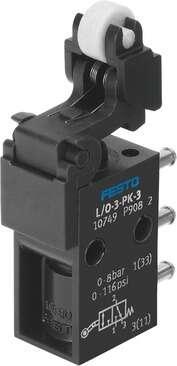 Festo 10749 Roller lever valve L/O-3-PK-3 With idle return and barbed fitting for 3 mm tubing. Normally-open or normally-closed function depending on choice of connection. Valve function: 3/2 open/closed, monostable, Type of actuation: mechanical, Standard nominal fl