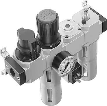 Festo 185822 service unit FRC-3/8-D-MIDI-KC-A consisting of manual on/off valve, filter regulator, distributor module with pressure switch but without socket, and lubricator with mounting brackets. With automatic condensate drain and metal bowl guard. Size: Midi, Seri