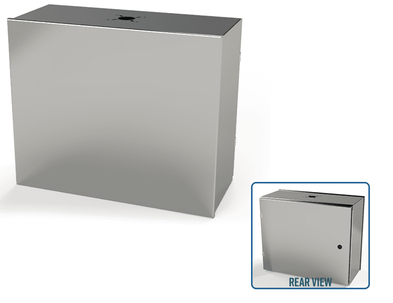 Saginaw Control SCE-20HMI2410SSLP S.S. HMI Enclosure, Height:20.00", Width:24.00", Depth:10.00", #4 brushed finish on all exterior surfaces. Optional sub-panels powder coated white.
