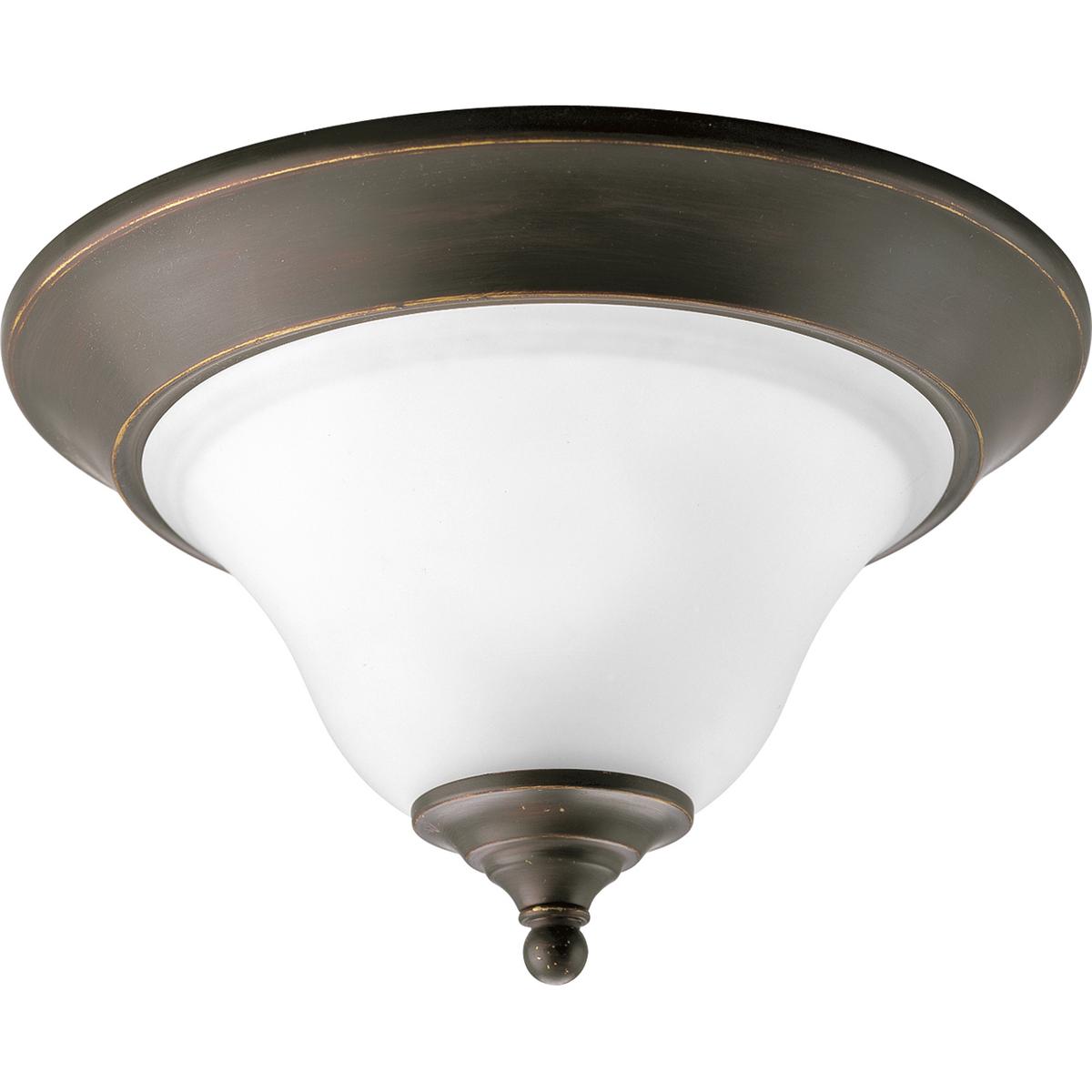 Hubbell P3475-20 One-light close-to-ceiling fixture featuring soft angles, curving lines and etched glass shades. Gracefully exotic, the Trinity Collection offers classic sophistication for transitional interiors. Sculptural forms of metal and glass are enhanced by a clas