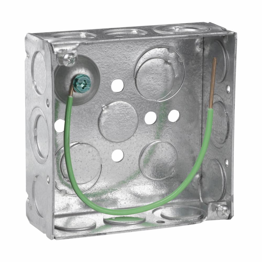 Eaton Corp TP404PF Eaton Crouse-Hinds series Square Outlet Box, (2) 1/2", (2) 1/2", (1) 3/4" E, 4", Conduit (no clamps), Welded, 1-1/2", Steel, (8) 1/2",(4) 1/2", (1) 3/4" E, Includes ground screw with pigtail lead, 22.0 cubic inch capacity