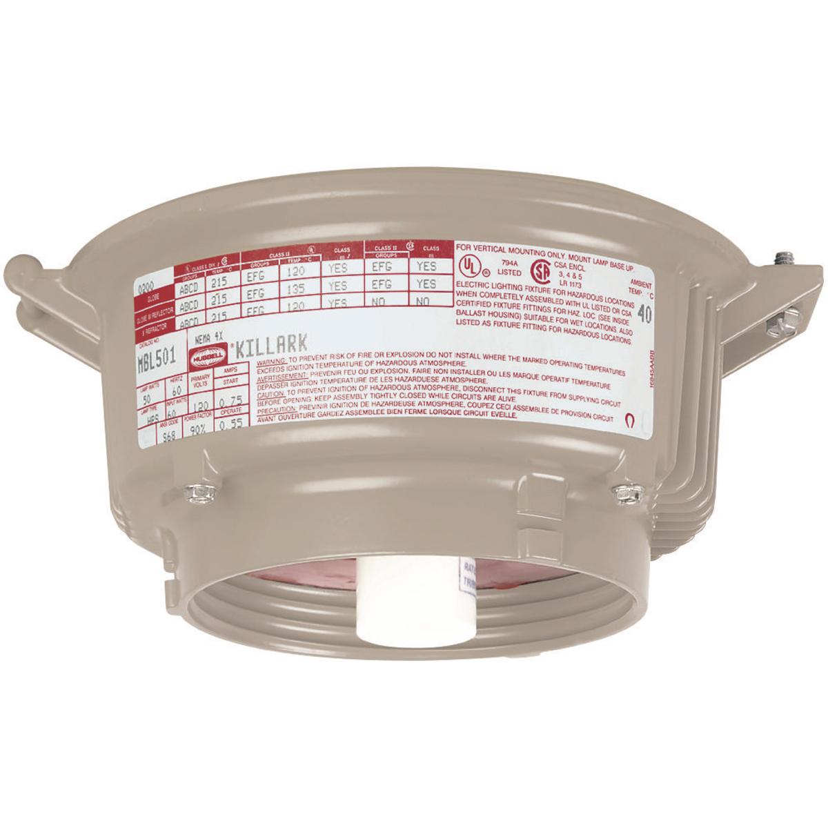 Hubbell MBL151 MB Series - Aluminum 150 Watt Medium Base High Pressure Sodium HID Light Fixture (Lamp Not Included) - 120V At 60Hz  ; Ballast tank and splice box – corrosion resistant copper-free aluminum alloy ; Baked powder epoxy/polyester finish, electrostatically ap