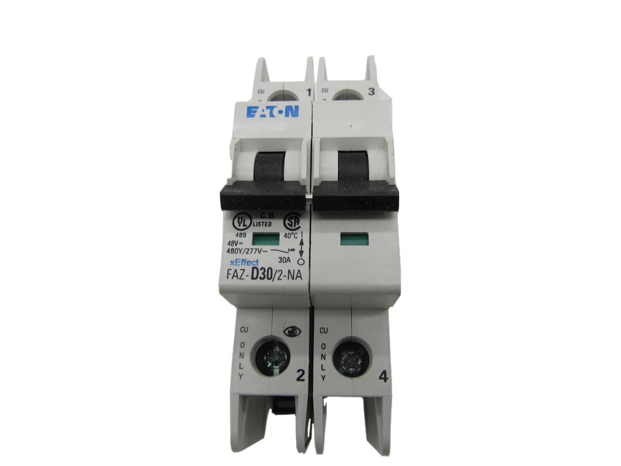 Eaton FAZ-D30/2-NA 277/480 VAC 50/60 Hz, 30 A, 2-Pole, 10/14 kA, 10 to 20 x Rated Current, Screw Terminal, DIN Rail Mount, Standard Packaging, D-Curve, Current Limiting, Thermal Magnetic