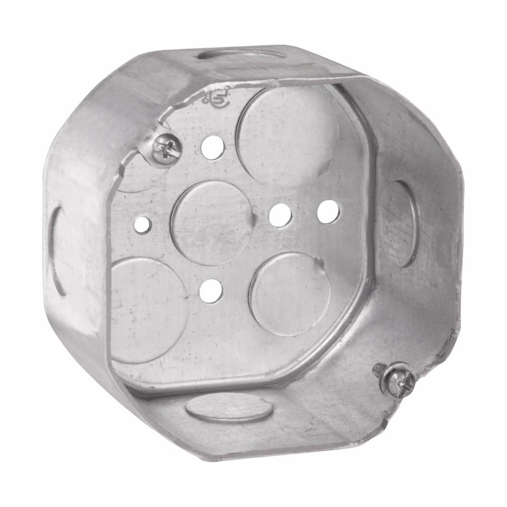Eaton TP294 Eaton Crouse-Hinds series Octagon Outlet Box, (3) 1/2", (2) 3/4", 4", Conduit (no clamps), 2-1/8", Steel, (4) 1", Fixture rated, 21.5 cubic inch capacity