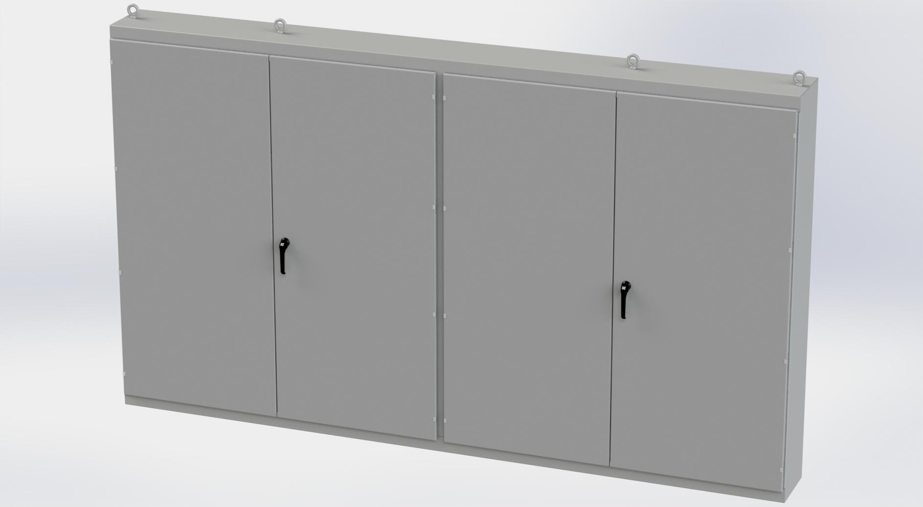 Saginaw Control SCE-86M4E Enclosure, Multi-Door, Height:86.00", Width:149.00", Depth:14.00", ANSI-61 gray powder coating inside and out. Sub-panels are powder coated white.