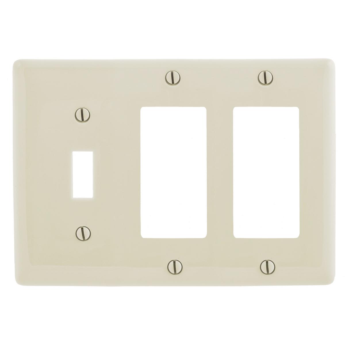 Hubbell NP1262LA Wallplates and Box Covers, Wallplate, Nylon, 3-Gang, 1) Toggle 2) Decorator, Light Almond  ; Reinforcement ribs for extra strength ; High-impact, self-extinguishing nylon material ; Captive screw feature holds mounting screw in place ; Standard Size is 1/