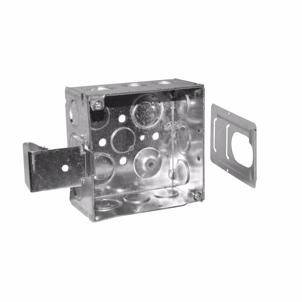 Eaton Corp TP403SSBPF Eaton Crouse-Hinds series Square Outlet Box, (2) 1/2", (2) 1/2", (1) 3/4" E, 4", SSB, Conduit (no clamps), Welded, 2-1/8", Steel, (8) 1/2",(4) 1/2", (1) 3/4" E, Includes ground screw with pigtail lead, 30.3 cubic inch capacity