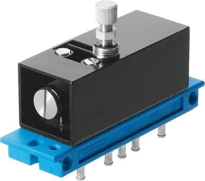 Festo 5755 time delay valve VZ-3-PK-3 Normally closed, on 2n sub-base with barbed fitting connection for 3mm ID tubing. Nominal size: 2 mm, Type of actuation: pneumatic, Design structure: Poppet valve with spring return, Overlap: Underlap, Note on forced dynamisatio