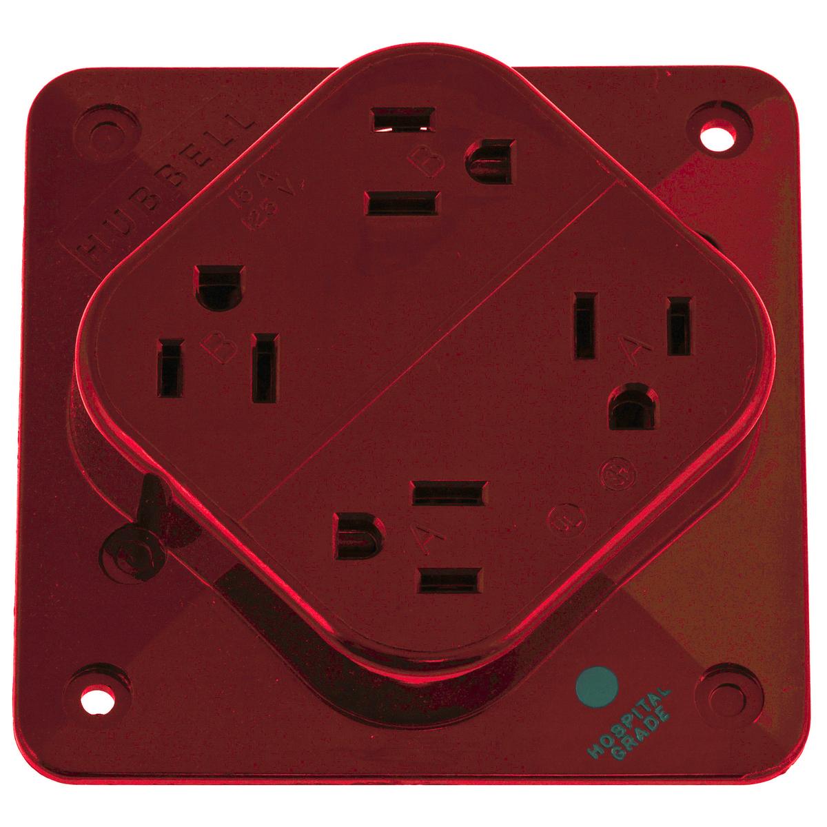 Hubbell HBL415HR Straight Blade Devices, Receptacles, 4- Plex, Hospital Grade, 2-Pole 3-Wire Grounding, 15A 125V, 5-15R, Red, Single Pack.  ; Anchor hole and loop feature secures solid wire for fast, easy terminations ; Triple wipe contacts ; Easily accessible break-off t