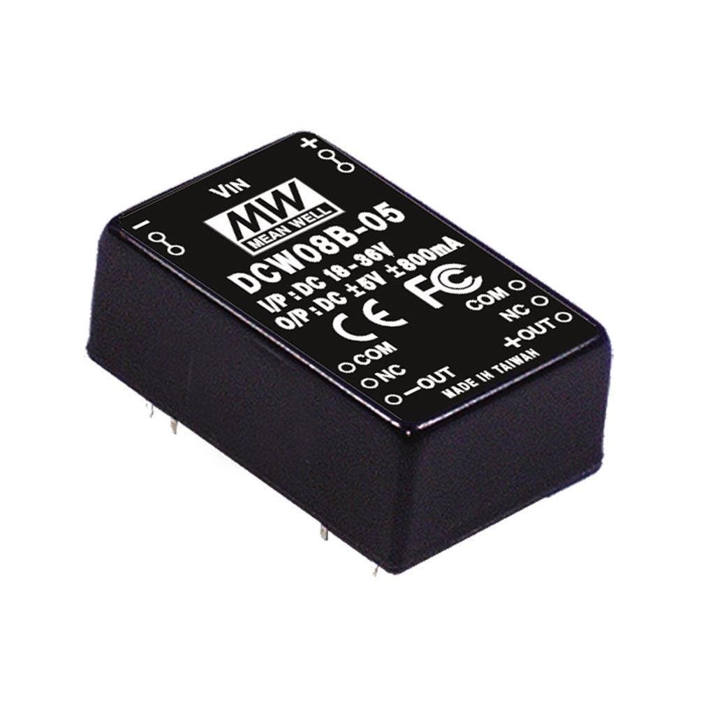MEAN WELL DCW08B-05 DC-DC Converter PCB mount; Input 18-36Vdc; Output +/-5Vdc at 1.60A