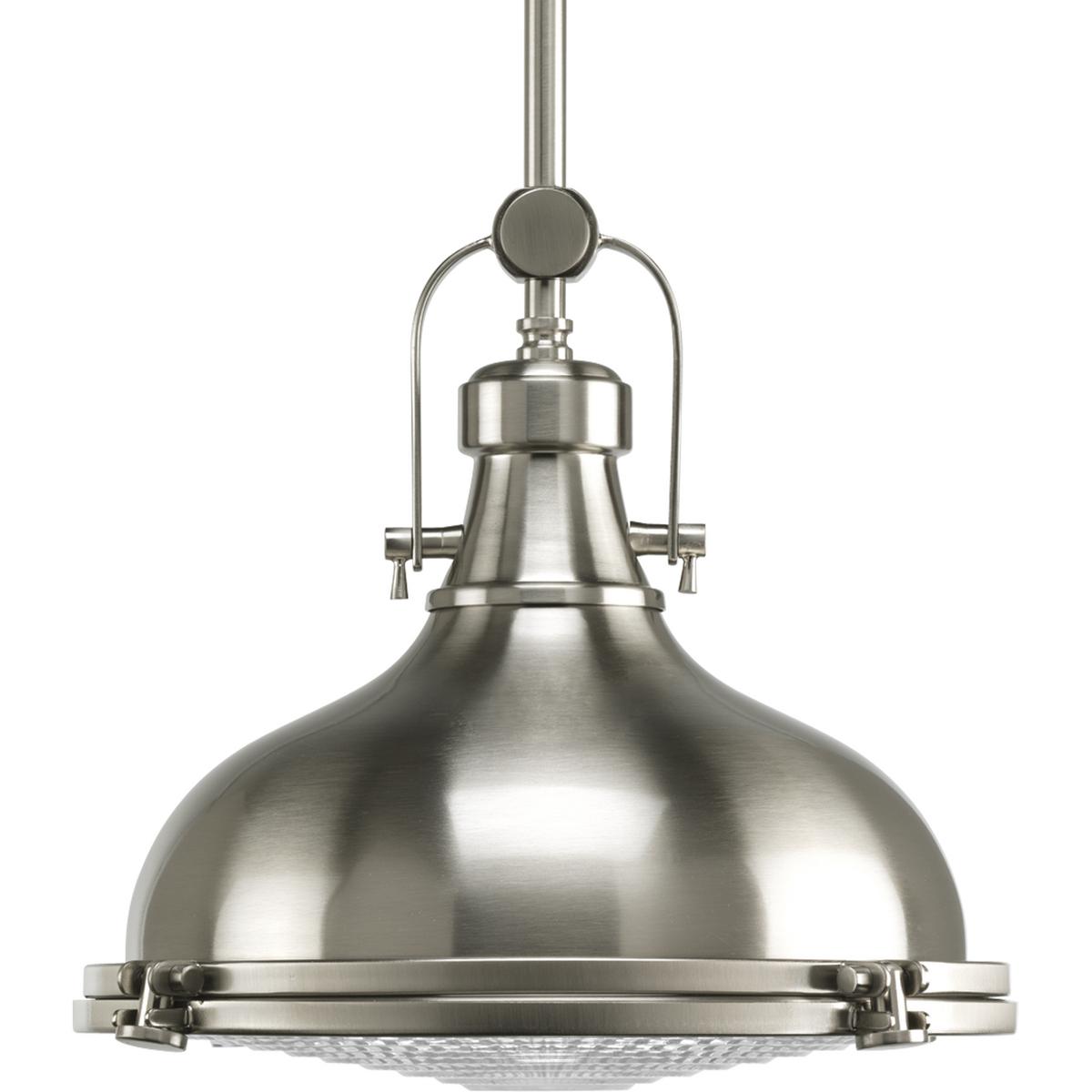 Hubbell P5188-09 The one-light 12" pendant features industrial roots in both form and function. The Brushed Nickel finish highlight the high-quality prismatic glass which adds to the historical aesthetic. Antique style fixture includes a hinge-locking nautical design allo