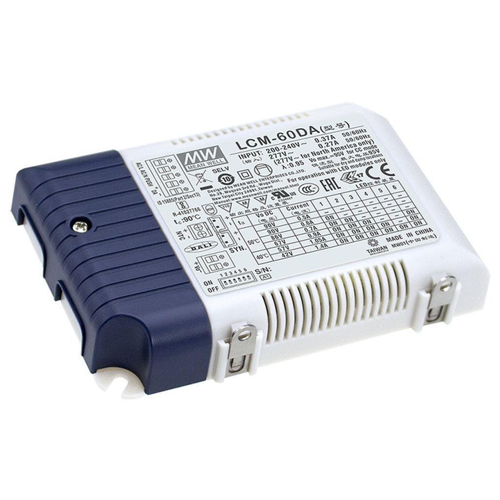 MEAN WELL LCM-60DA AC-DC Multi-Stage LED driver Constant Current (CC); Modular output 0.5A/0.6A/0.7A/0.9A/1.05A/1.4A; Dimming with DALI & push; extra 12Vdc at 50mA