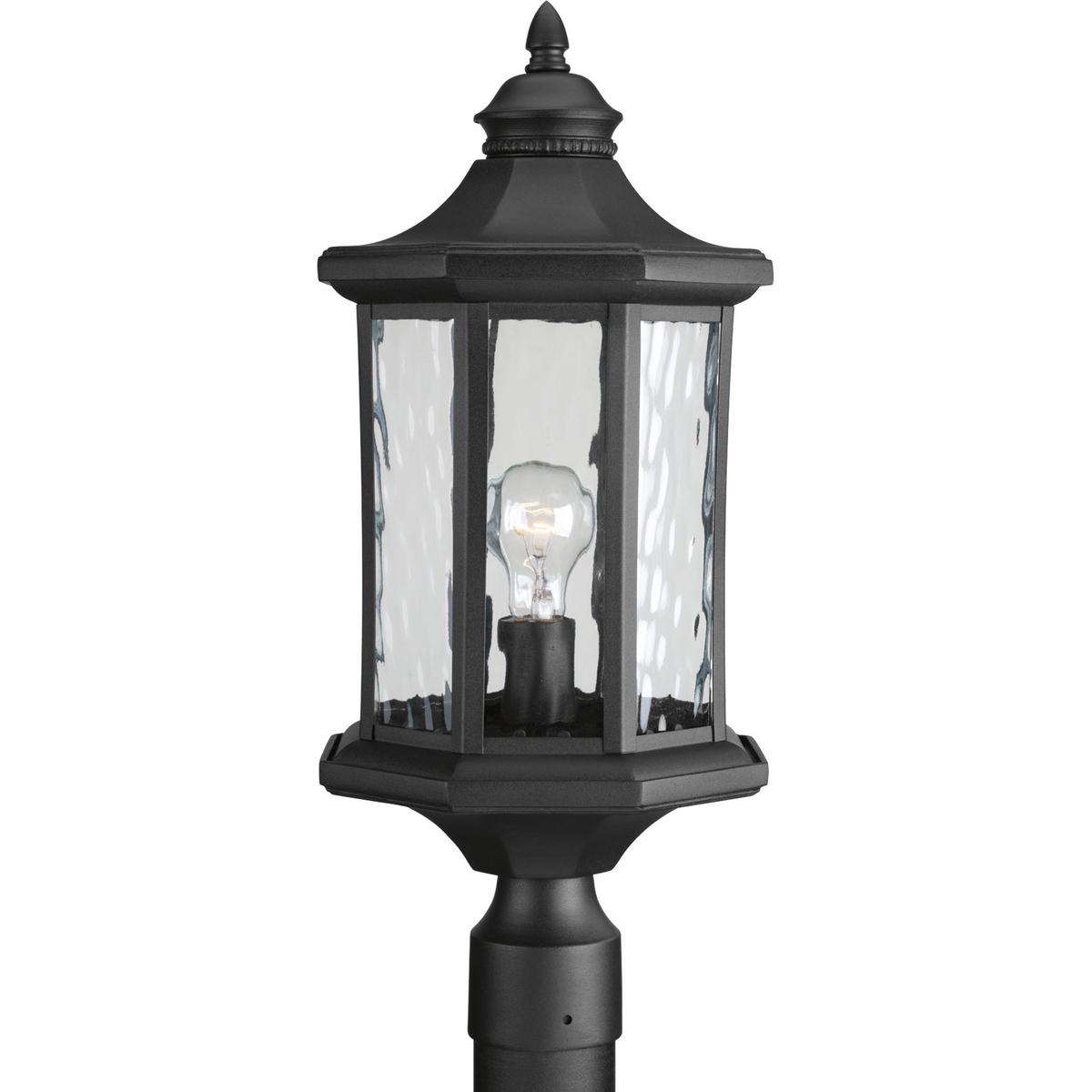 Hubbell P6429-31 One-light post lantern with a distinct octagonal shape for classic styling, highlighted by clear water glass elements.  ; Black finish. ; Distinct octagonal shape. ; Classic styling. ; Clear water glass elements.