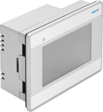 Festo 574410 Operator unit CDPX-X-A-W-4 4" operator unit, wide touchscreen. Depth: 56 mm, Height: 107 mm, Length: 147 mm, Max. front panel thickness: 4 mm, Real-time clock: Yes