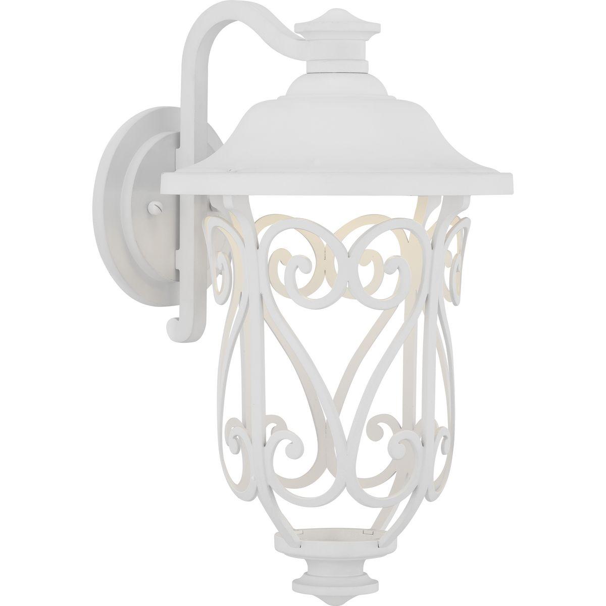 Hubbell P560105-030-30 The Leawood LED Collection medium wall lantern provides delicate scrollwork with dramatic shadow patterns in a modern form. Intricate die cast aluminum construction in classic White finish. A taller design accommodates the larger scale commonly seen in to