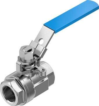 Festo 4745218 ball valve VZBE-3/4-T-63-D-2-M-V15V15 Stainless steel, manual version, 2/2-way, nominal width 3/4", PN63, ASME B1.20.1 - NPT. Design structure: 2-way ball valve with hand lever, Type of actuation: mechanical, Sealing principle: soft, Assembly position: An