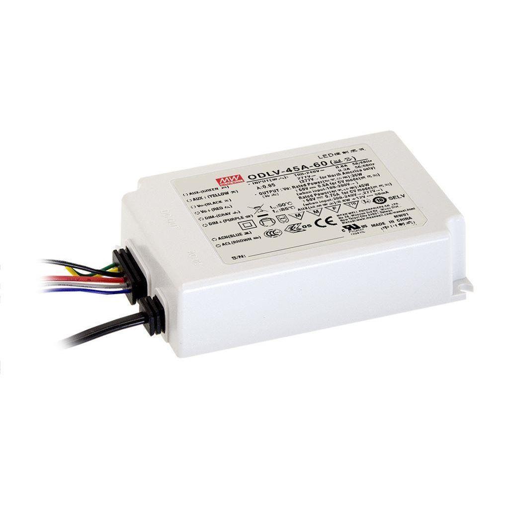 MEAN WELL ODLV-45A-12 AC-DC Constant Voltage LED Driver (CV) with PFC; Input range 90-295VAC; Output 12Vdc at 3.75A; 2 in 1 dimming with 0-10Vdc or PWM signal; Auxiliary output