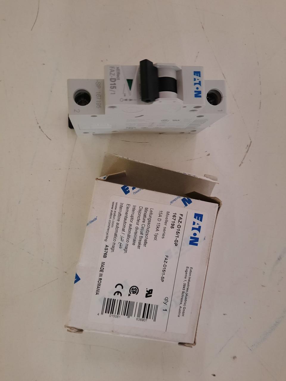 Eaton FAZ-D15/1-SP Eaton FAZ supplementary protector,UL 1077 Industrial miniature circuit breaker-supplementary protector,Single package,High levels of inrush current are expected,15 A,15 kAIC,Single-pole,277 V,10-20X/n,Q38,50-60 Hz,Standard terminals,D Curve