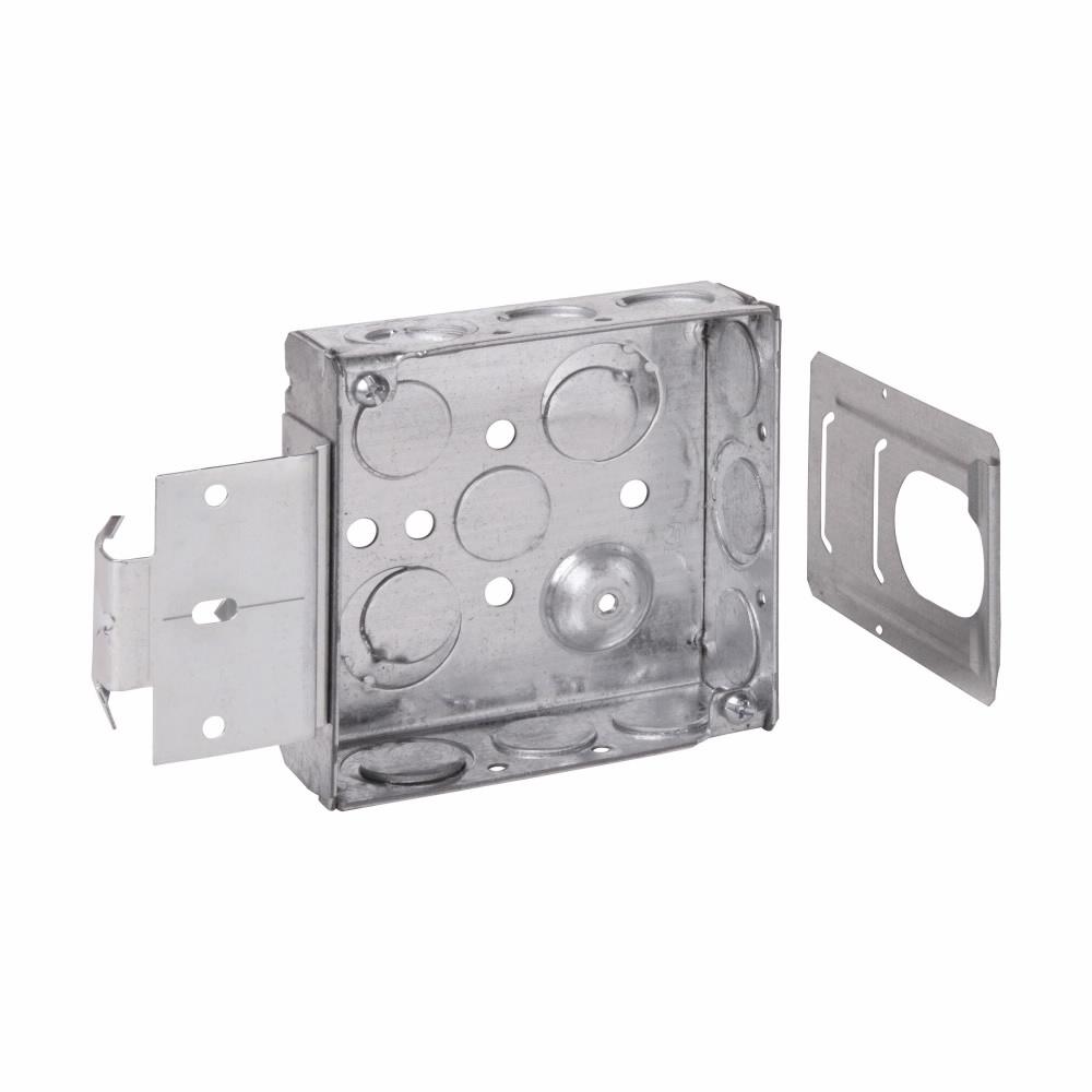 Eaton TP404REDMSB Eaton Crouse-Hinds series Square Outlet Box, (2) 1/2", (2) 1/2", (1) 3/4" E, 4", MSB, Red, Conduit (no clamps), Welded, 1-1/2", Steel, (8) 1/2",(4) 1/2", (1) 3/4" E, 22.0 cubic inch capacity