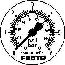 Festo 161130 flanged precision pressure gauge FMAP-63-6-1/4-EN With display unit in bar and psi. Indicating range [bar]: 0 - 6 bar, Conforms to standard: EN 837-1, Nominal size of pressure gauge: 63, Design structure: Bourdon-tube pressure gauge, Mounting type: Front 
