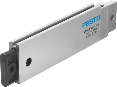 Festo 164990 flat cylinder EZH-10/40-40-A-B Non-rotating, with T-slot for SME-8, SMT-8. Stroke: 40 mm, Piston diameter: (* 22 mm, * Equivalent diameter), Cushioning: No cushioning, Assembly position: Any, Mode of operation: (* single-acting, * pushing action)