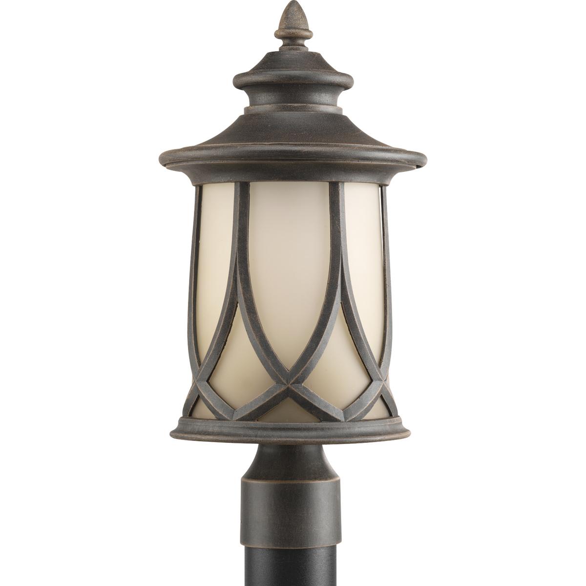 Hubbell P6404-122 Tudor styling meets prairie design. Gradual umber tint on glass shades. A woven cast pattern encases a casual profile. Large scale cast aluminum lantern feature a durable powder coat finish. One-light post lantern.  ; Gradual umber tint on glass shades. ;