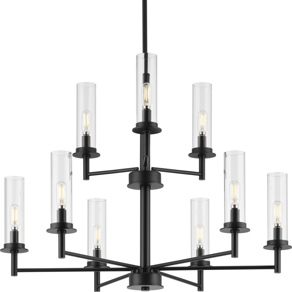Hubbell P400252-031 Balance the best of modern and traditional with the Kellwyn Collection 9-Light Matte Black Clear Glass Transitional Chandelier Light. The classic frame with crisp, clean lines is coated in a beautiful matte black finish. Light sources glow from inside cyl
