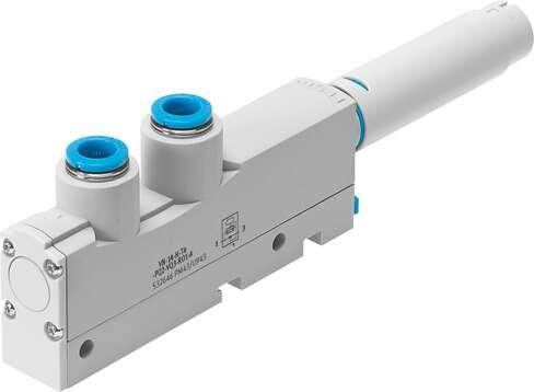 Festo 532646 vacuum generator VN-14-H-T4-PQ3-VQ3-RO2-A With ejector pulse. Standard, high vacuum, width 18 mm, T shape with plug connector and open silencer. Nominal size, Laval nozzle: 1,4 mm, Grid dimension: 18 mm, Design, silencer: open, Assembly position: Any, Eje