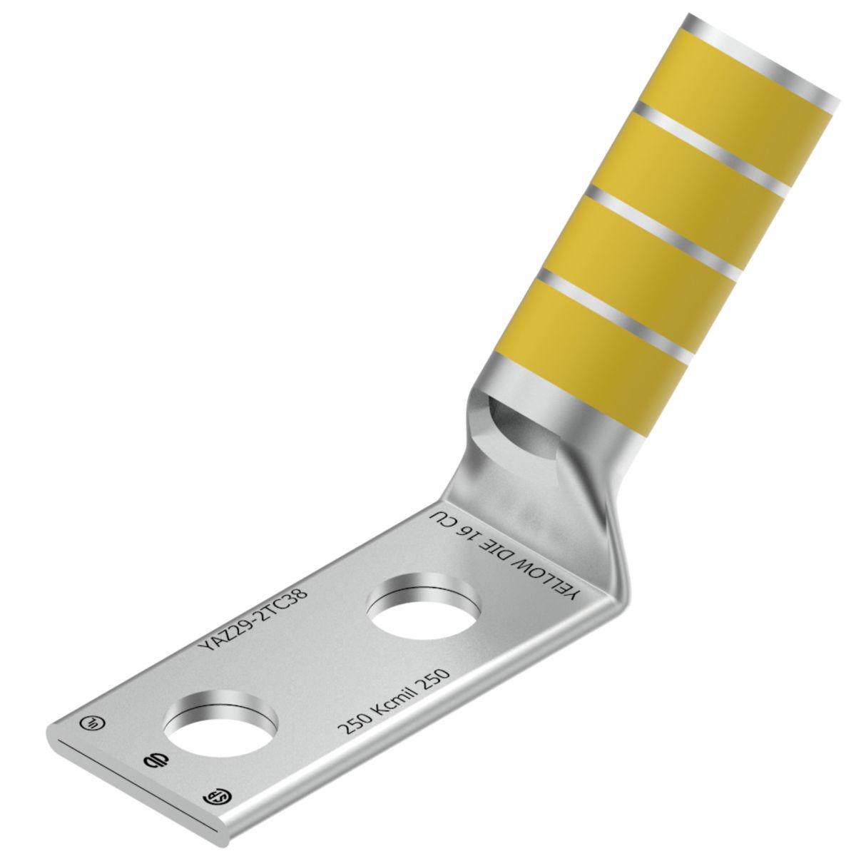 Hubbell YAZ292TC3845 250 kcmil CU, Two Hole, 3/8 Stud Size, 1 Hole Spacing, Long Barrel, Inspection Window Internal Chamfer, Tin Plated, UL/CSA, 90°C, Up to 35kV, Yellow Color Code, 16 Die Index. 