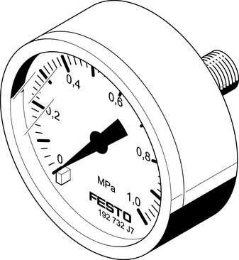 Festo 192732 pressure gauge MA-40-1-G1/8-MPA With display unit in MPa. Indicating range [MPa]: 0 - 1 MPa, Conforms to standard: EN 837-1, Nominal size of pressure gauge: 40, Design structure: Bourdon-tube pressure gauge, Mounting type: Line installation