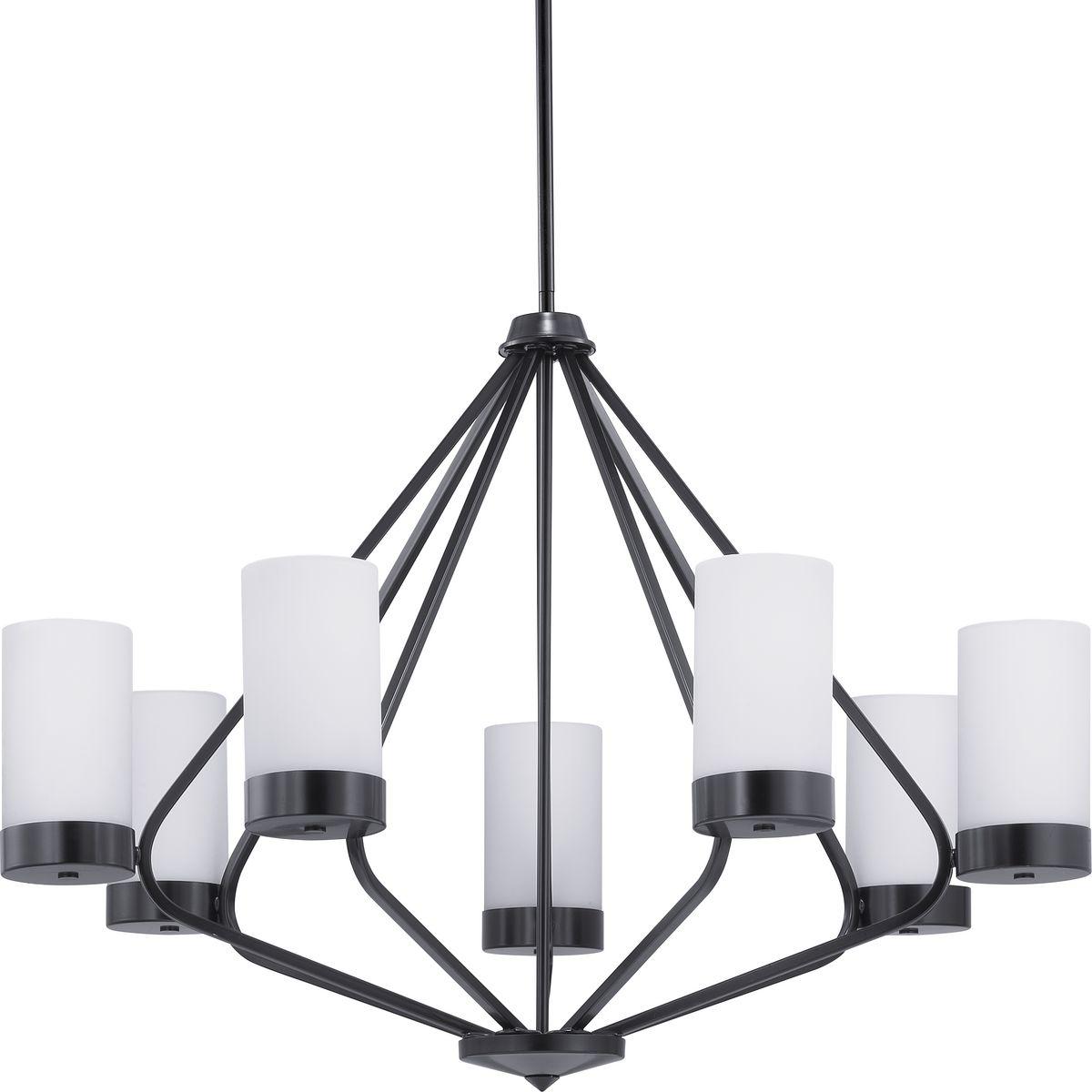 Hubbell P400023-031 Achieve a sleek and modern look with the Elevate Collection seven-light chandelier. Etched glass white shades paired with a Matte Black frame provide an elegant contrast for Modern interior design settings. This fixture is part of our Design Series collec