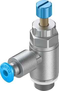 Festo 197579 one-way flow control valve GRLA-1/8-QS-3-RS-D With knurled screw and lock nut Valve function: One-way flow control function for exhaust air, Pneumatic connection, port  1: QS-3, Pneumatic connection, port  2: G1/8, Adjusting element: Knurled screw, Mounti