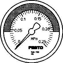 Festo 526780 pressure gauge MA-50-0,25-R1/4-MPA-E-RG With display unit in MPa, adjustable red/green range. Indicating range [MPa]: 0 - 0,25 MPa, Conforms to standard: EN 837-1, Nominal size of pressure gauge: 50, Design structure: Bourdon-tube pressure gauge, Mounting