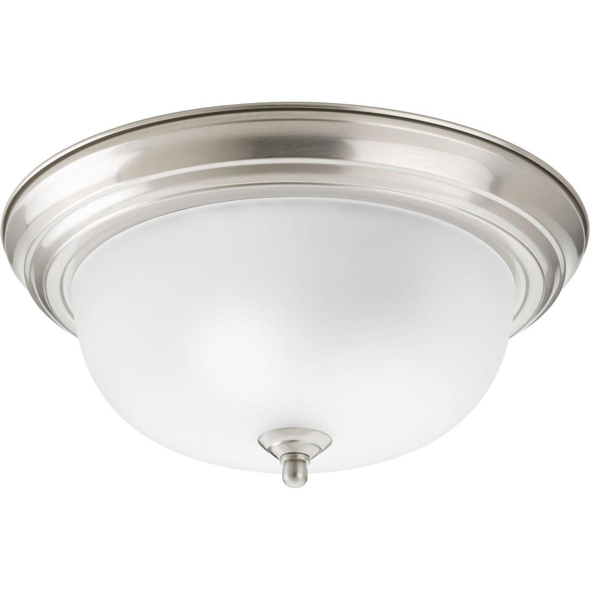 Hubbell P3925-09ET Two-light flush mount with dome shaped etched glass, solid trim and decorative knobs. Center lock-up with matching finial.  ; Brushed Nickel finish. ; Etched glass. ; Decorative details.