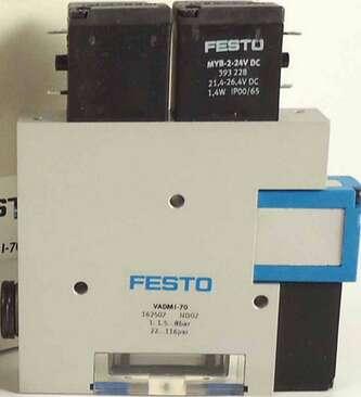 Festo 162506 vacuum generator VADMI-45 With integrated solenoid valve for vacuum On/Off and ejector pulse Nominal size, Laval nozzle: 0,45 mm, Grid dimension: 10 mm, Design, silencer: closed, Assembly position: Any, Ejector characteristic: High vacuum
