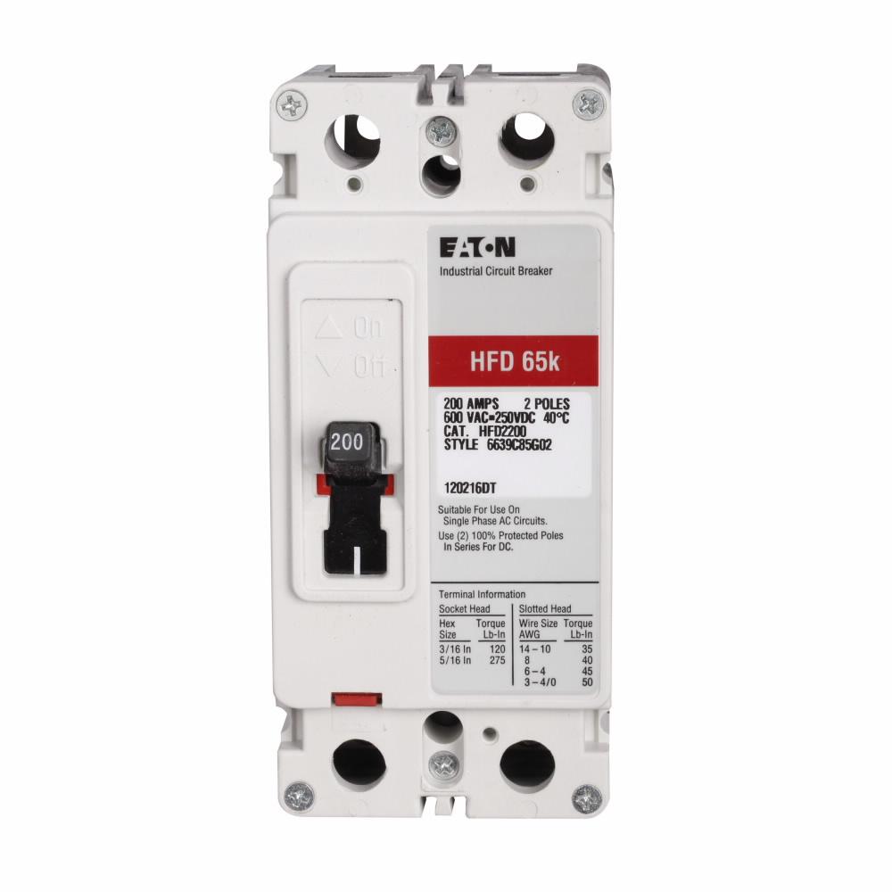 Eaton HFD2150 Eaton Series C complete molded case circuit breaker, F-frame, HFD, Complete breaker, Fixed thermal, Fixed magnetic trip type, Two-pole, 150 A, 600 Vac, 250 Vdc, 100 kAIC at 240 Vac, 65 kAIC at 480 Vac, Load side, 50/60 Hz