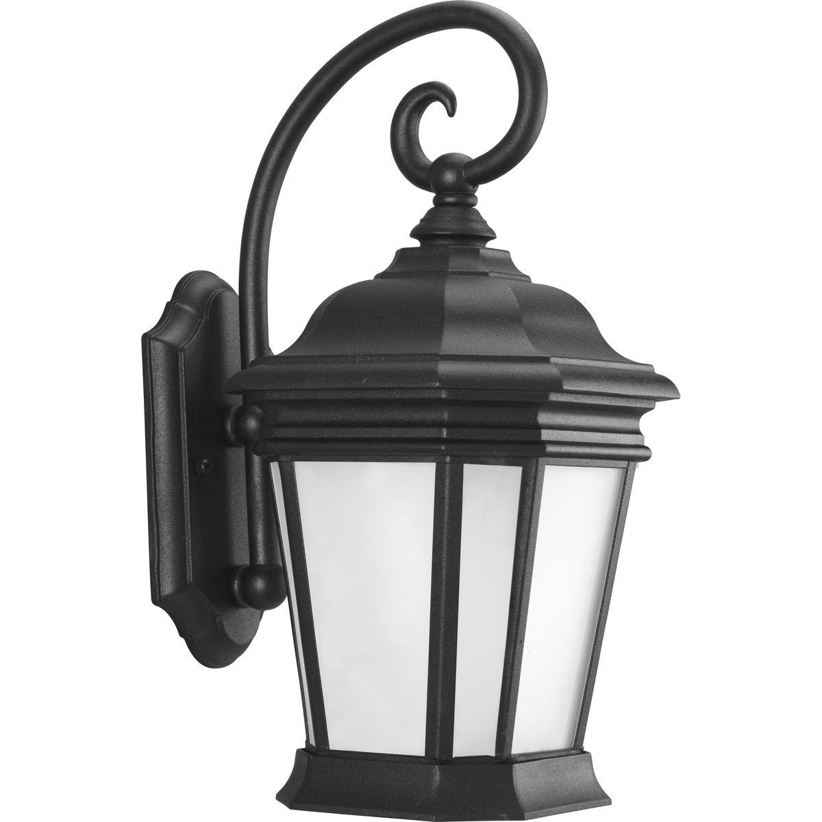 Hubbell P5686-31MD This wall lantern offers updated traditional styling with scroll arm. Etched seeded glass panes give off a soft glow of light. The panes are housed in a handsome black frame.  ; Etched seeded glass panes give off a soft glow of light. ; The panes are hous