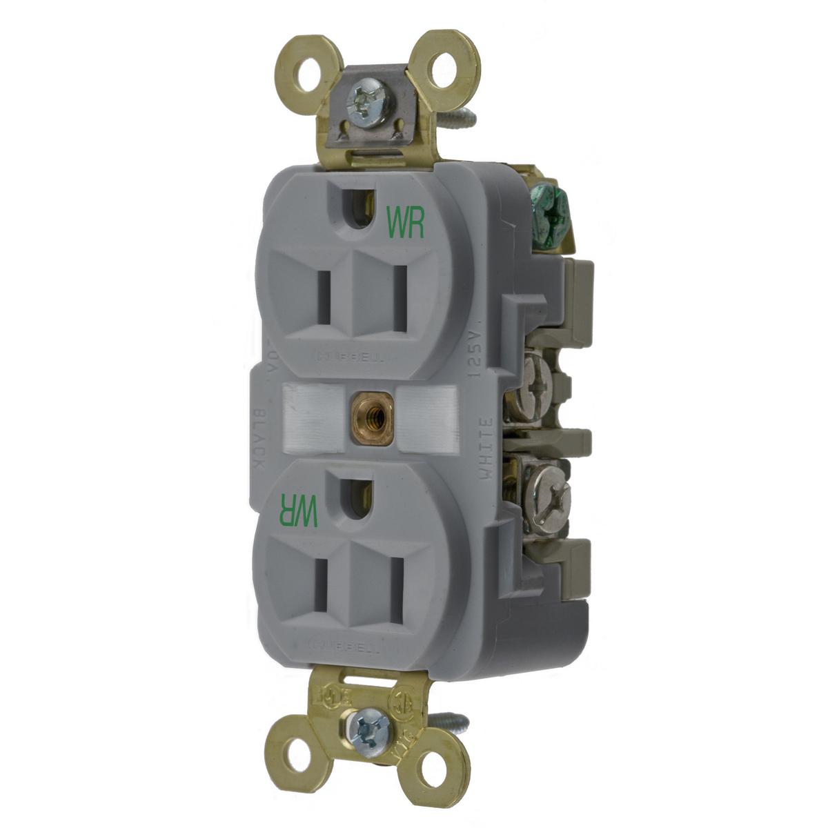 Hubbell HBL5262GYWR Straight Blade Devices, Receptacles, Weather-Resistant Duplex, Industrial Grade, 15A 125V, 2-Pole 3-Wire Grounding, 5-15R, Gray, Single Pack.  ; Weather-resistance complies with national electrical code requirements ; Finder Groove Face ; One-piece brass 
