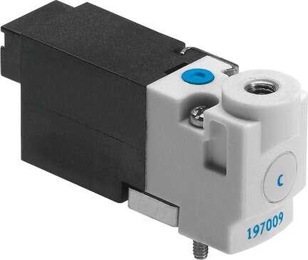 Festo 197010 solenoid valve MHP1-M5H-3/2G-M3-HC Semi in-line valve for individual and manifold mounting, very compact, with plug connector at rear Valve function: 3/2 closed, monostable, Type of actuation: electrical, Width: 10 mm, Standard nominal flow rate: 10 l/min