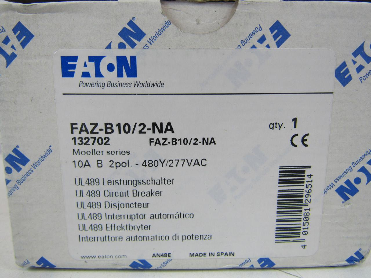 Eaton FAZ-B10/2-NA 277/480 VAC 50/60 Hz, 10 A, 2-Pole, 10/14 kA, 3 to 5 x Rated Current, Screw Terminal, DIN Rail Mount, Standard Packaging, B-Curve, Current Limiting, Thermal Magnetic