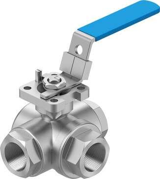 Festo 8096946 ball valve VZBE-3/4-T-63-F-3L-F04-M-V15V15 Design structure: (* 3-way ball valve, * L hole), Type of actuation: mechanical, Sealing principle: soft, Assembly position: Any, Mounting type: Line installation
