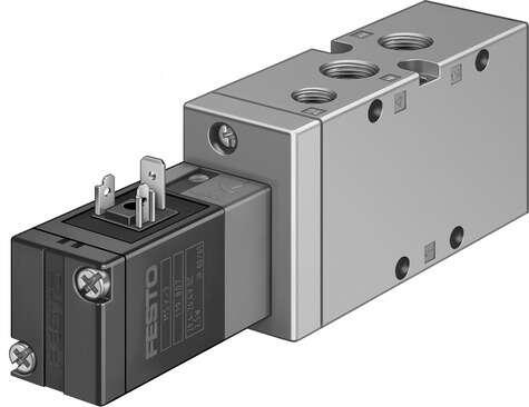 Festo 19701 solenoid valve MVH-5-1/4-B With solenoid coil and manual override, without plug socket. Valve function: 5/2 monostable, Type of actuation: electrical, Width: 32 mm, Standard nominal flow rate: 1300 l/min, Operating pressure: 2 - 10 bar