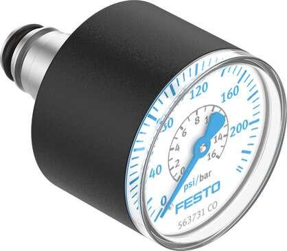 Festo 563731 pressure gauge PAGN-26-232P-P10 With display unit in bar and psi. Indicating range [psi]: 0 - 232 psi, Nominal size of pressure gauge: 26, Design structure: Bourdon-tube pressure gauge, Mounting type: Line installation, Operating medium: (* Inert gases, *