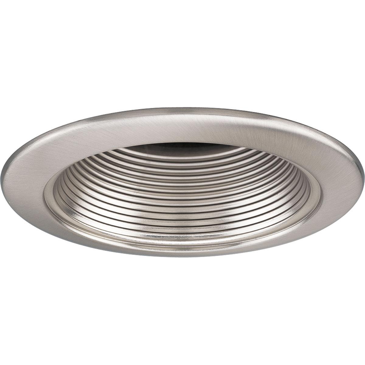 Hubbell P8044-09 4" Step Baffle trim in a Brushed Nickel finish with unpainted flanges to match the baffle finish. 360 positioning. 5" outside diameter.  ; Brushed Nickel finish. ; Matching flange. ; No light leaks around trim flange.
