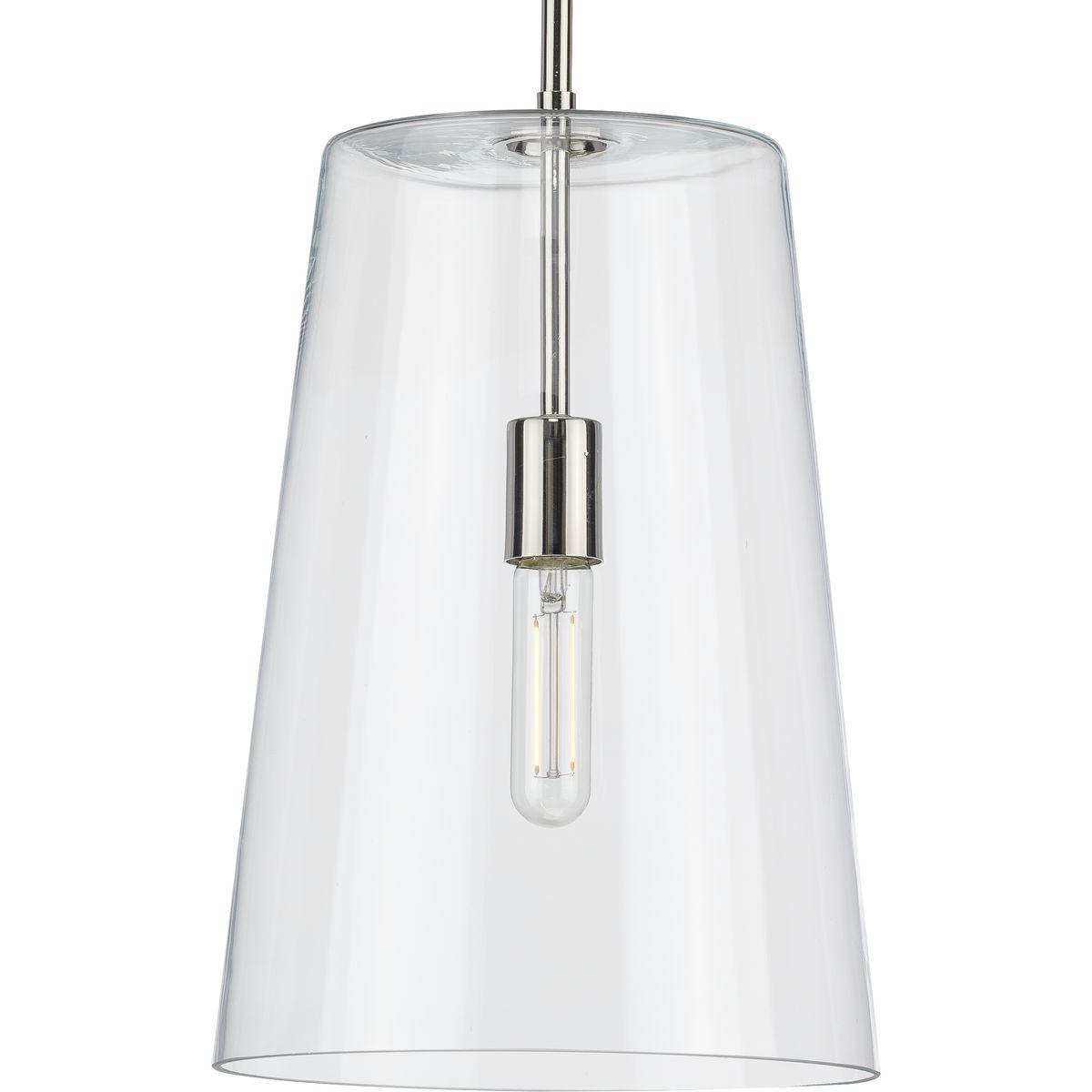 Hubbell P500242-104 Who says you have to sacrifice forms for function? This versatile pendant features a simple, clear glass shade that embraces minimalist modernity and functional task lighting. The glass shade rests at the end of a sleek polished nickel bar that attaches t